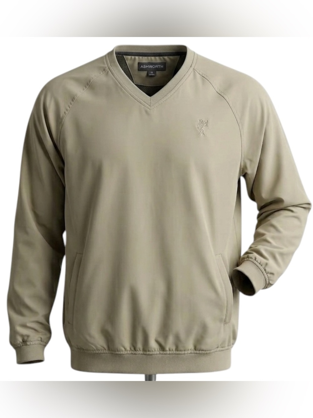 Ashworth Men’s V-Neck Pullover Wind Shirt Jacket Beige Pockets Size Medium USA